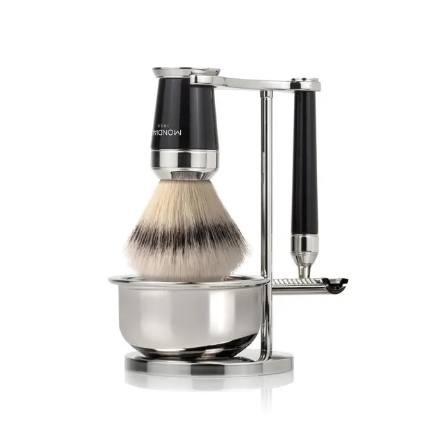 mondial-1908-set-da-barba-premium-resina-nera-4-pezzi-pennello-super-badger-raso image 1