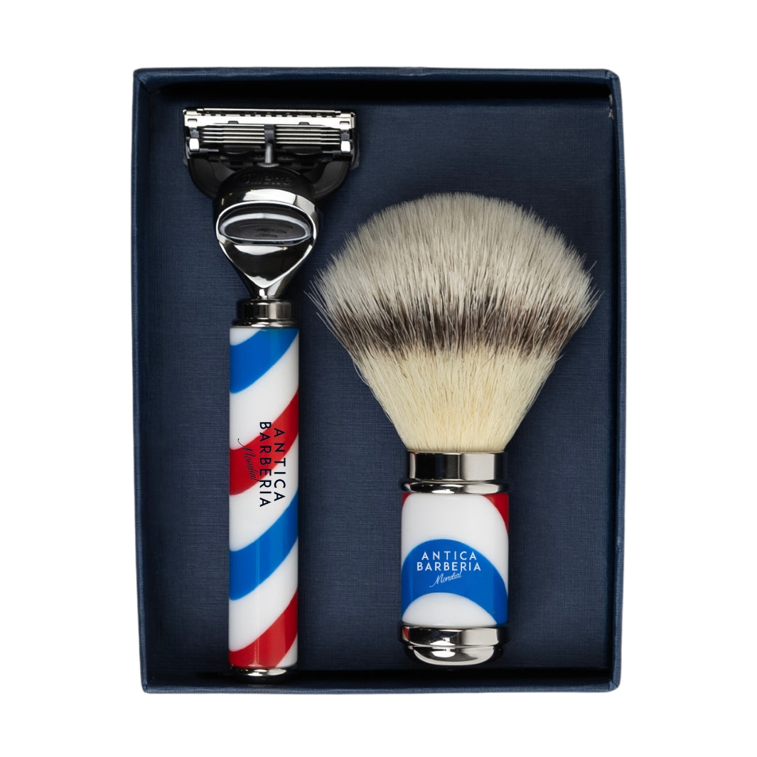 mondial-1908-set-pennello-e-rasoio-collezione-barbiere-barber-pole-resina-e-meta image 2