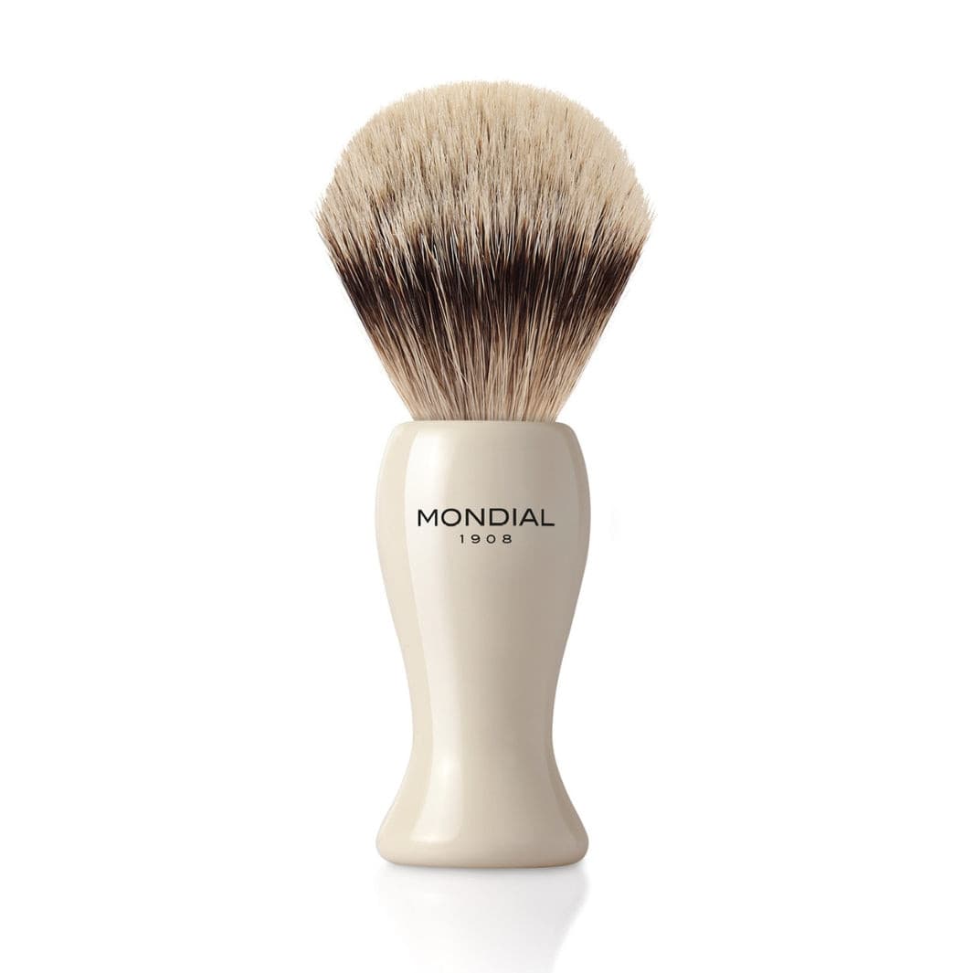 mondial-1908-tower-pennello-da-barba-resina-avorio-tasso-silvertip image 1