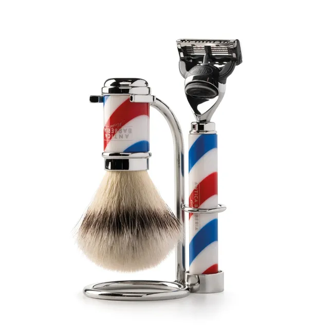 mondial-1908-set-pennello-e-rasoio-collezione-barbiere-barber-pole-resina-e-meta image 1